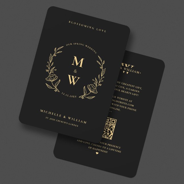 Convites Floral Boho Weding Monograma Elegante Preto Dourad (Floral Boho Wedding Monogram Elegant Black Gold Invitation
)