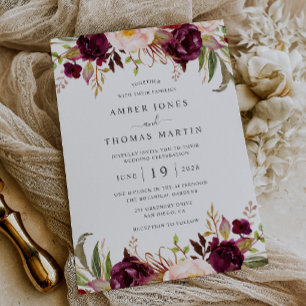 Convites Floral Borgonha Blush Florindo Casamento  