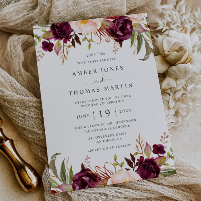 Convites Floral Borgonha Blush Florindo Casamento   (Criador carregado)
