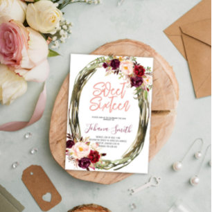 Convites Floral Borgonha Cor-de-Rosa Doce Dezesseis e Dezes