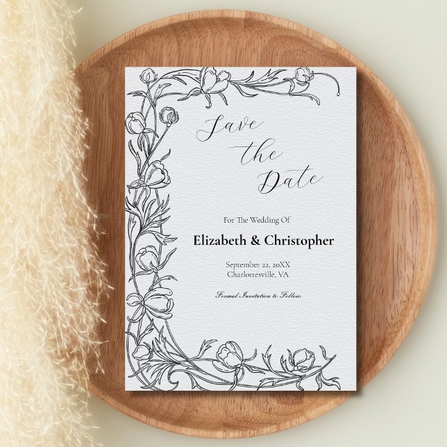 Convites Floral Botânico Desenhado à Mão Salvar a Data Cinz (Black Gray Hand Drawn Botanical Leaves Flowers Wedding Save the Date Invitation Card)