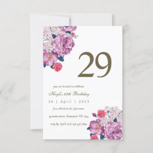 Convites Floral Botânico Roxo Simples Chic 29º Aniversário