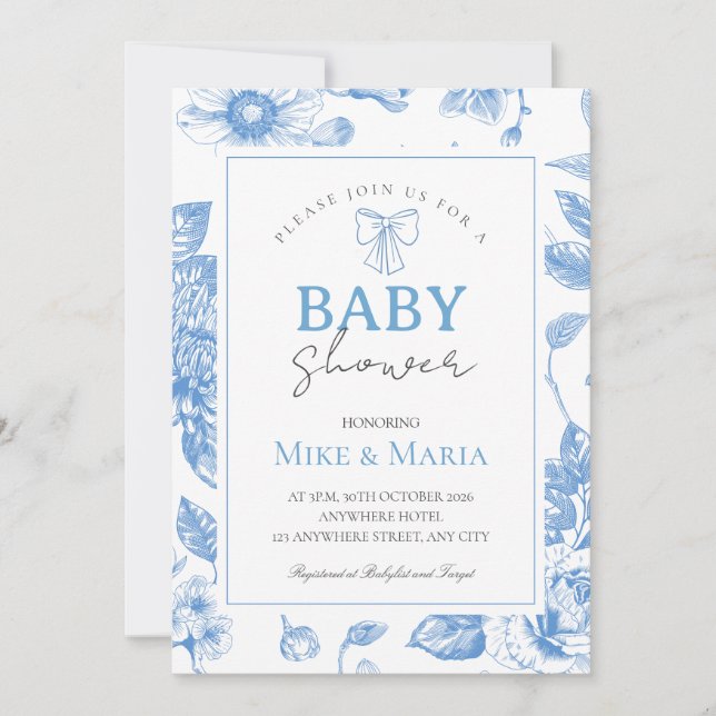 Convites Floral bow boy baby shower invitation (Frente)