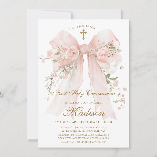 Convites Floral Bow First Holy Communion Invitation (Frente)