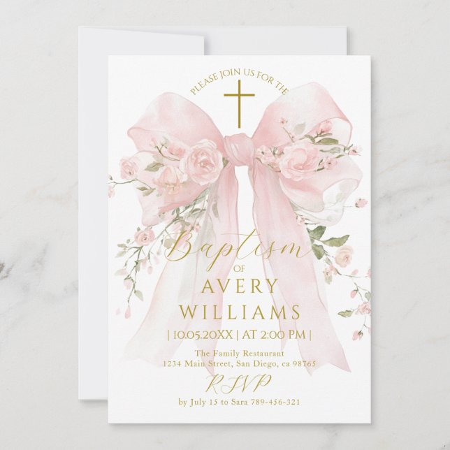 Convites Floral Bow Girls Baptism Elegant Flower Digital (Frente)