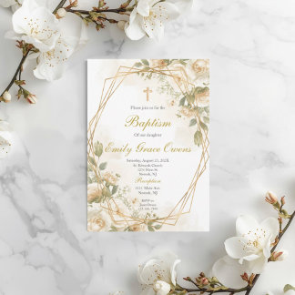 Convites Floral branca folhagem batismo