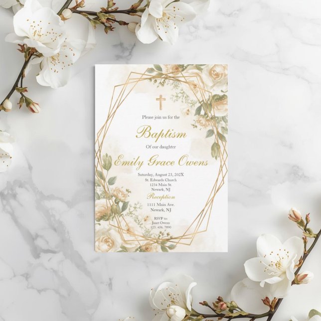 Convites Floral branca folhagem batismo (Criador carregado)
