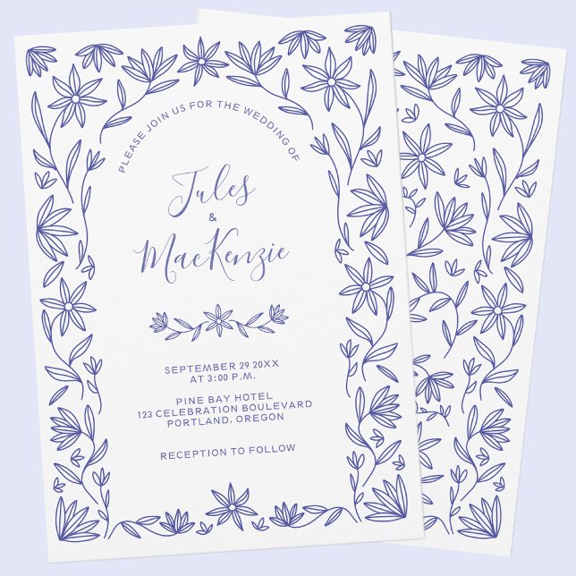 Convites Floral Branco Azul Casado do Mediterrâneo (Modern Mediterranean blue and white floral wedding invitation)