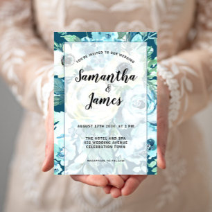 Convites Floral Branco Azul Elegante, Casamento