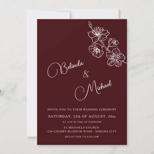 Convites Floral Branco Burgundy Profundo | Casamento Casual (Frente)