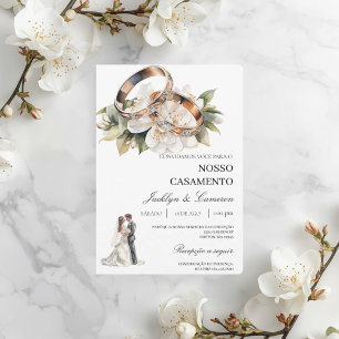 Convites Floral Branco com aliança Casamento Português