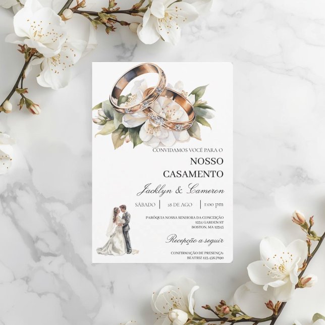 Convites Floral Branco com aliança Casamento Português (Criador carregado)