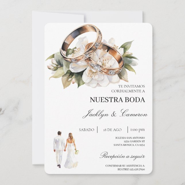 Convites Floral Branco com Anel Casamento Espanhol (Frente)