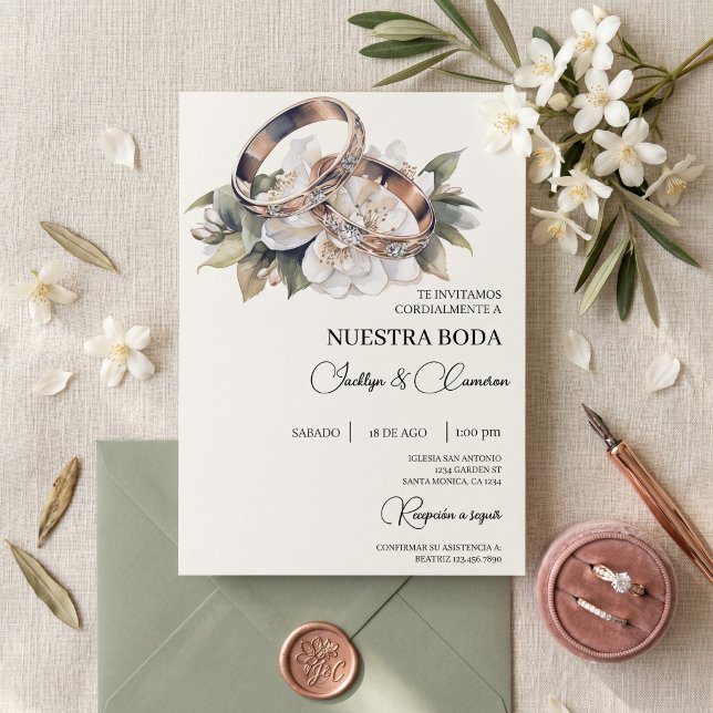 Convites Floral Branco com Anel Casamento Espanhol (Criador carregado)