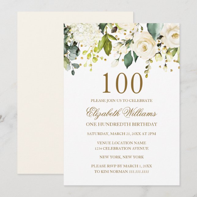 Convites Floral Branco Confete Dourado Aniversário de 100 a (Frente/Verso)