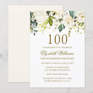 Convites Floral Branco Confete Dourado Aniversário de 100 a