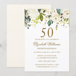 Convites Floral Branco Confete Dourado Aniversário de 50 an