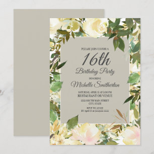 Convites Floral Branco Cremoso Verde Sage Aniversário de 16