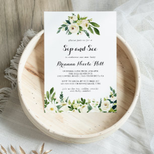 Convites Floral Branco de Verde Outono Bebê Chá Revelação