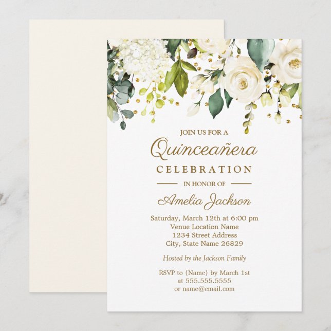 Convites Floral Branco Dourado Confete Quinceanera 15º (Frente/Verso)