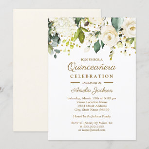 Convites Floral Branco Dourado Confete Quinceanera 15º