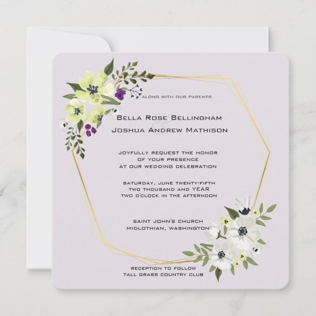Convites Floral Branco e Amarelo com Casamento Dourado (Frente)