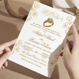 Convites Floral Branco e Dourado Noivado Muçulmano Islâmico