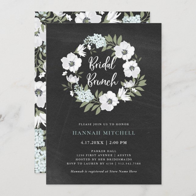 Convites Floral Branco e Negro Russo | Bridal Brunch (Frente/Verso)