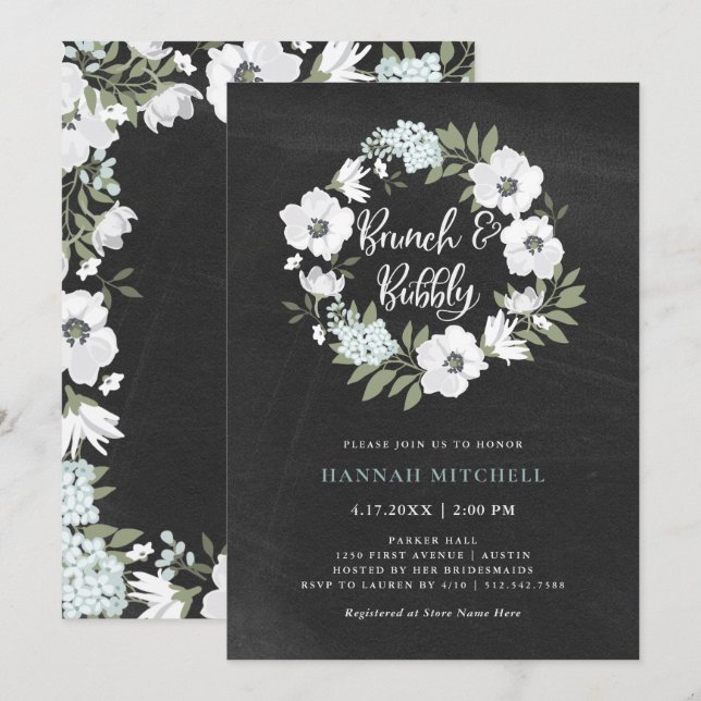 Convites Floral Branco e Preto Russo| Brunch e Bubble (Frente/Verso)