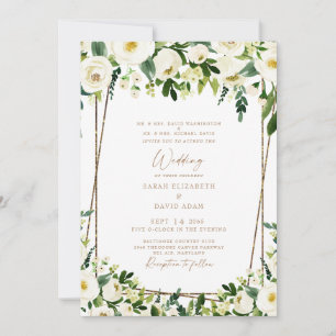 Convites Floral Branco Elegante e Dourado Casamento de Ambo