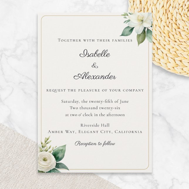 Convites Floral Branco Elegante e Folhagem em Dourado Falso (An elegant wedding invitation in classic ivory with custom text and white flowers)