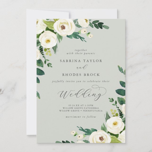 Convites Floral Branco Elegante | Sage Mint Wedding (Frente)