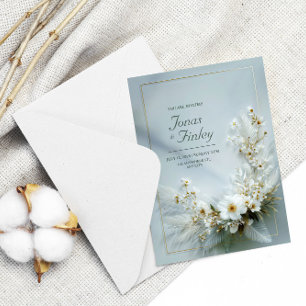 Convites Floral Branco Etéreo em Moldura Dourada com Pena C