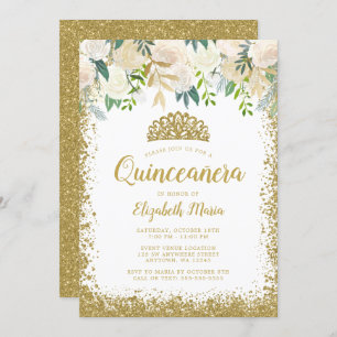 Convites Floral Branco Faux Dourado Glitter Tiara Quinceane