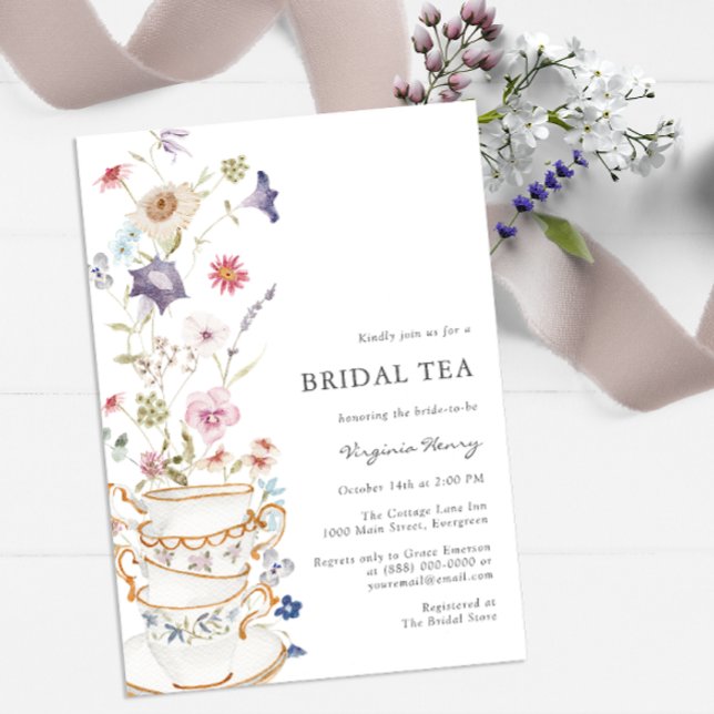 Convites Floral Bridal Tea (Wildflower Tea Party Bridal Shower Wedding Invitation by Painted Paperie)