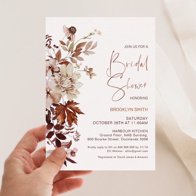 Convites Floral Brown Beige Fall in Love Chá de panela (Fall in Love Bridal Shower Invitation Template, Autumn Fall In Love Bridal Shower Invite, Floral )