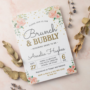 Convites Floral Brunch e Bubble Peony Dourado Chá de panela