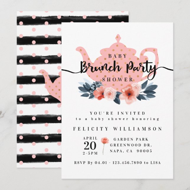 Convites Floral Bunch Tea Party Blush Chá de fraldas Rosa (Frente/Verso)