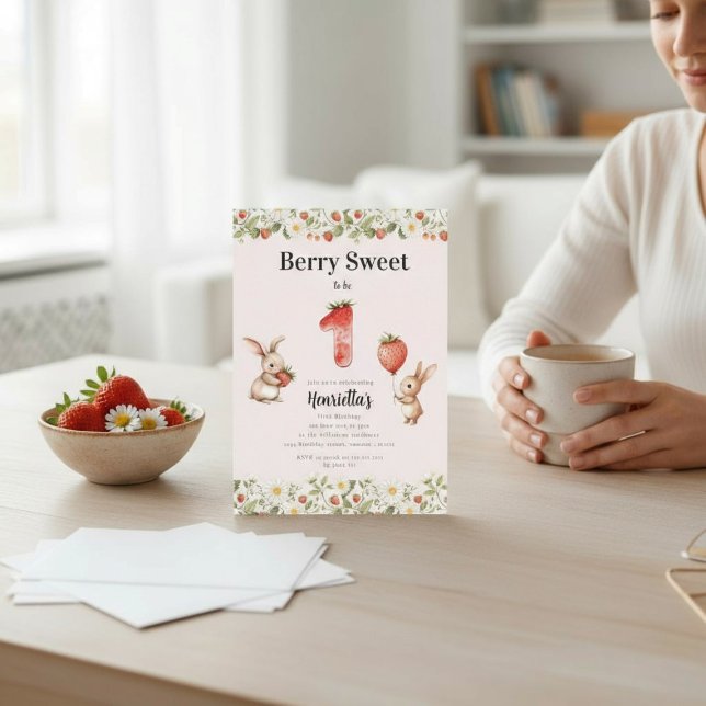 Convites Floral Bunny Doce de Morango Primeiro Aniversário (Criador carregado)
