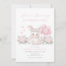 Convites Floral Bunny Spring Girl Pink Bunny First Birthday
