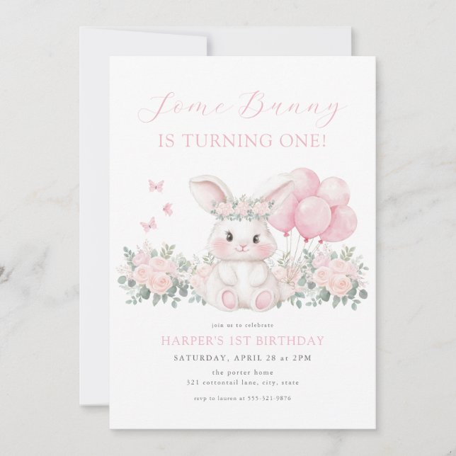 Convites Floral Bunny Spring Girl Pink Bunny First Birthday (Frente)
