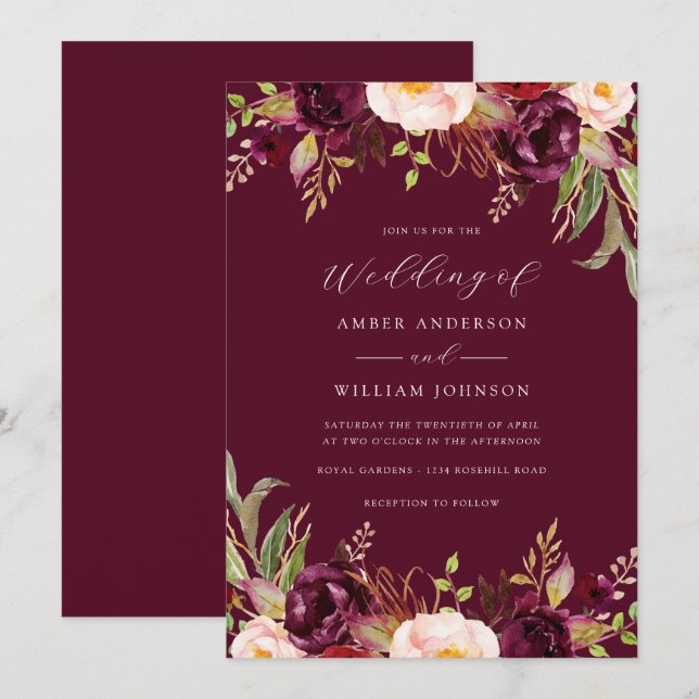 Convites Floral Burgundy Bloom Casamento   (Frente/Verso)