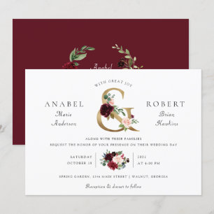 Convites Floral Burgundy Blush Dourada Tipografia Ampersand