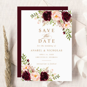 Convites Floral Burgundy Blush Elegante Modern Salve a Data