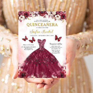 Convites Floral Burgundy Butterfly Princess Quinceanera