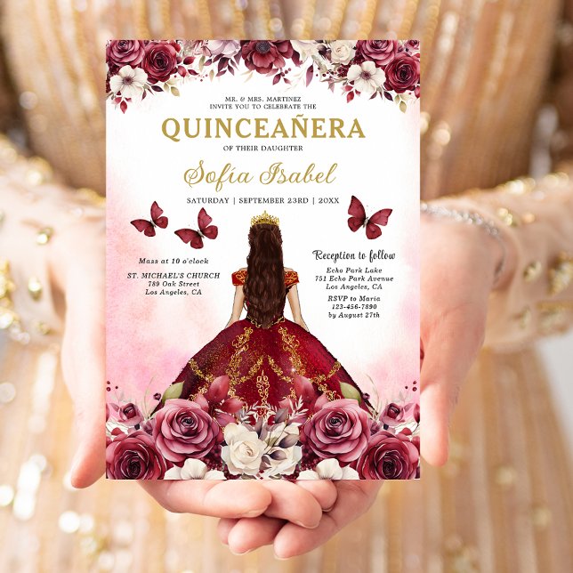 Convites Floral Burgundy Butterfly Princess Quinceanera (Criador carregado)