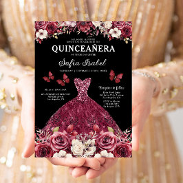 Convites Floral Burgundy Butterfly Princess Quinceanera