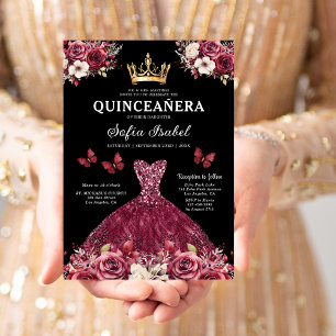 Convites Floral Burgundy Butterfly Princess Quinceanera