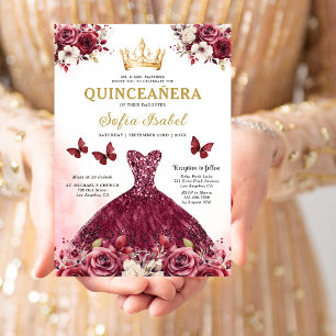 Convites Floral Burgundy Butterfly Princess Quinceanera