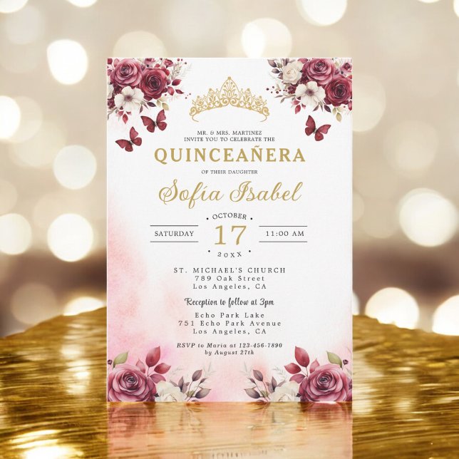 Convites Floral Burgundy Butterfly Princess Quinceanera (Criador carregado)
